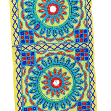 Indian Yellow Fabric Trim, Mirror Floral Kutch Embroidered, Decorative Trim